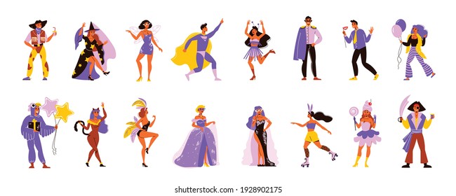 Carnival set of isolated icons and doodle style characters figures of festive people in masquerade costumes vector illustration