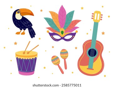 НАЗВАНИЕ:
Carnival set of Mardi Gras elements. Masks with feathers, toucan, maracas, guitar, trumpet, Rio lettering. Vector illustration in flat style, suitable for advertising, cards, decor and poste