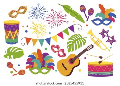 Carnival set. Carnival masks, feathers, drum, guitar and fireworks, tropical leaves on white background. Hand drawn vector.