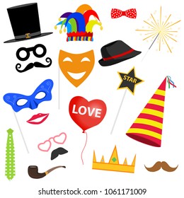 Carnival set. Masks for masquerade, a party cap, an overhead mustache, a bow tie, a clown hat. Flat design, vector illustration, vector.