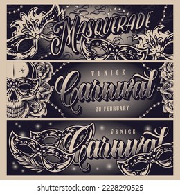 Carnival set posters monochrome vintage Venetian-style eye masks and skull among flowers on holiday festival invitations vector illustration