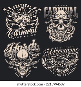 Carnival set posters vintage monochrome with skulls in beautiful masks for Mardi Gras masquerade or hard night party vector illustration