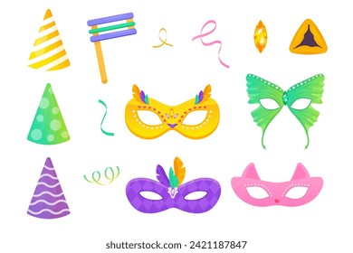 carnival set, purim party. Masks, hamantaschen cookies, cap. Jewish holiday. For your stickers, poster design, banner design, stickers