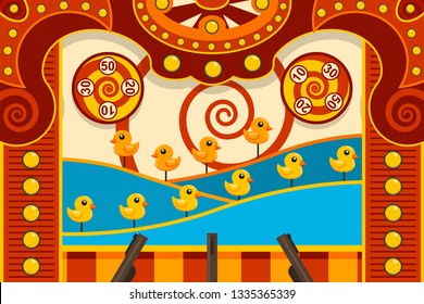 Carnival shooting arcade game with duck and gun. Vector cartoon illustration.