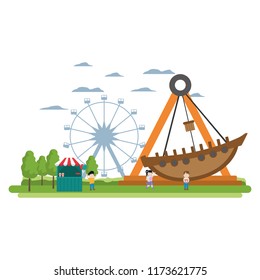 carnival shop with children and mechanical ship ride