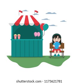 carnival shop and girl with balloon seating