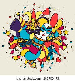 Carnival show background with doodle icons and objects.