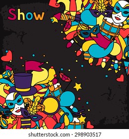 Carnival show background with doodle icons and objects.