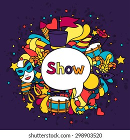 Carnival show background with doodle icons and objects.
