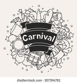 Carnival show background with doodle icons and objects.