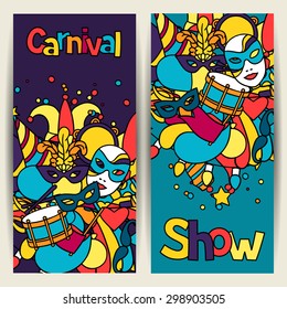 Carnival show banners with doodle icons and objects.