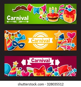 Carnival show and party banners with celebration stickers.
