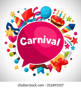 Carnival show and party greeting card with celebration objects.