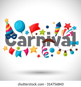 Carnival show and party greeting card with celebration objects.