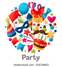 Carnival show and party greeting card with celebration objects.