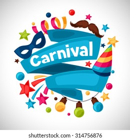 Carnival show and party greeting card with celebration objects.