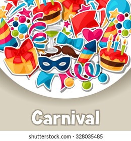 Carnival show and party greeting card with celebration stickers.