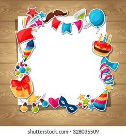 Carnival show and party greeting card with celebration stickers.