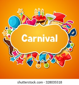 Carnival show and party greeting card with celebration stickers.