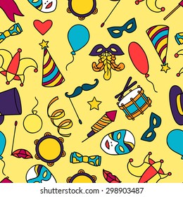 Carnival show seamless pattern with doodle icons and objects.