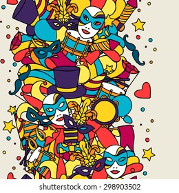 Carnival show seamless pattern with doodle icons and objects.