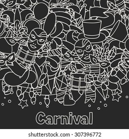 Carnival show seamless pattern with doodle icons and objects.