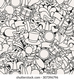 Carnival show seamless pattern with doodle icons and objects.