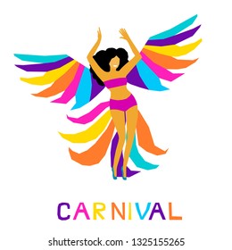 Carnival showtime card template. Colorfull dancing show girl with abstract wings for use in design poster, invitation, t shirt print, party advertising.