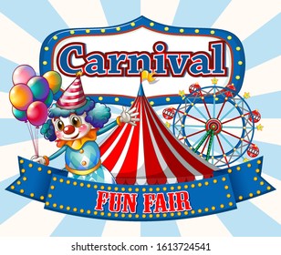 Carnival sign template with happy clown and rides in background illustration