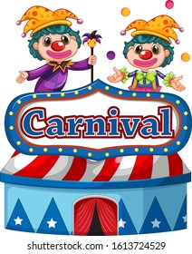 Carnival sign template with two happy clowns in background illustration