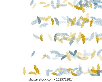 Carnival silver gold feathers vector background. Fluffy twirled feathers on white design. Smooth plumelet tribal ornate graphics. Plumage trendy fashion shower decor.