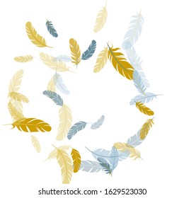 Carnival silver gold feathers vector background. Quill plumelet silhouettes illustration. Wildlife nature isolated plumage. Falling feather elements soft vector design.
