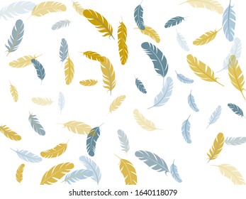 Carnival silver gold feathers vector background. Detailed majestic feather on white design. Soft plumelet native indian ornament. Wildlife nature isolated plumage.