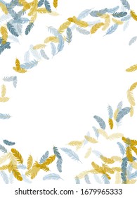 El oro plateado del carnaval se nutre de un fondo vectorial. Pluma majestuosa detallada sobre el diseño blanco. Arte de línea boho de ala de pájaro. Gráficos ornamentados tribales de plumelet liso.