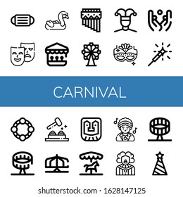 carnival simple icons set. Contains such icons as Mask, Masks, Inflatable, Shooting gallery, Zampona, Ferris wheel, Buffoon, Carnival mask, can be used for web, mobile and logo