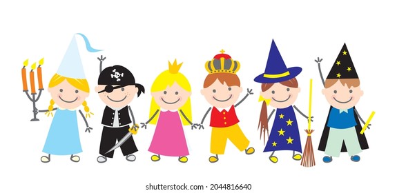 Carnival, six children, girls and boys at masks, funny vector illustration, in a row
