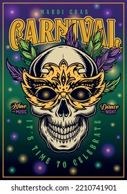 Carnival Skull Vintage Flyer Colorful Catholic Masquerade Ball Invitation With Mardi Gras Caption For Fat Tuesday Celebration Vector Illustration