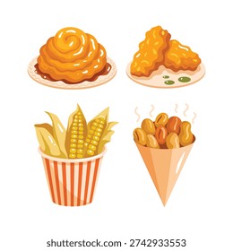 Carnival snack stand illustration, corn in cup, popcorn chicken, crispy bites, festival food icons, family fair tasting session vector