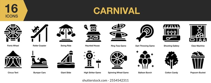 Carnival solid icon set. Includes ferris wheel, roller coaster, swing ride, shooting gallery, circus tent, and More. Solid icons vector collection.