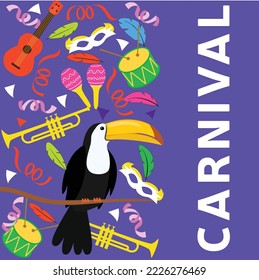 Carnival square banner with toucan, ukulele, musical trumpet and feather on purple background. Vector illustration.