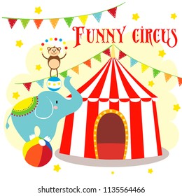 A carnival with stripe tents, elephant and monkey. vector illustration