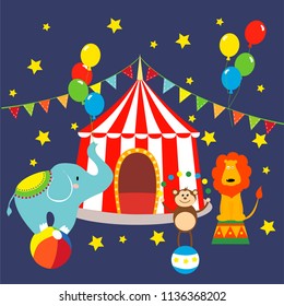 Carnival with striped tents, cheerful circus, elephant, lion and monkey. Vector illustration.