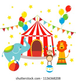 Carnival with striped tents, cheerful circus, elephant, lion and monkey. Vector illustration.