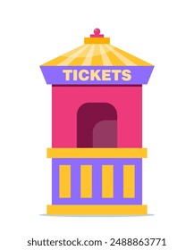 Karneval gestreiften Ticket-Stand Kiosk isoliert auf weiß. Flachkino, Zirkus, Theater, Freizeitpark Zeltelement mit leerem Fenster. Unterhaltung und Spaß beim Kauf. Vektorillustration