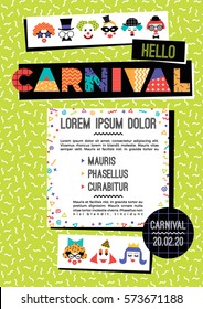 Carnival template in Memphis style. Vector background with geometric ornaments in the style of 80-90. For carnival concept and other users.