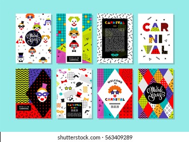 Carnival templates in Memphis style. Vector backgrounds with geometric ornaments in the style of 80-90. For carnival concept and other users.