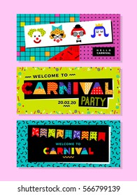 Carnival templates in Memphis style. Vector backgrounds with geometric ornaments in the style of 80-90. For carnival concept and other users