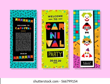 Carnival templates in Memphis style. Vector backgrounds with geometric ornaments in the style of 80-90. For carnival concept and other users