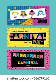 Carnival templates in Memphis style. Vector backgrounds with geometric ornaments in the style of 80-90. For carnival concept and other users.