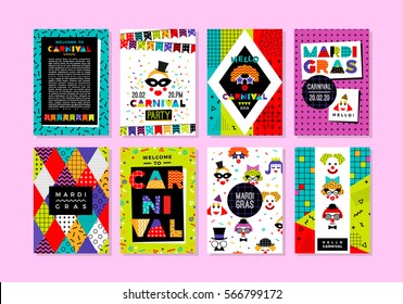 Carnival templates in Memphis style. Vector backgrounds with geometric ornaments in the style of 80-90. For carnival concept and other users.